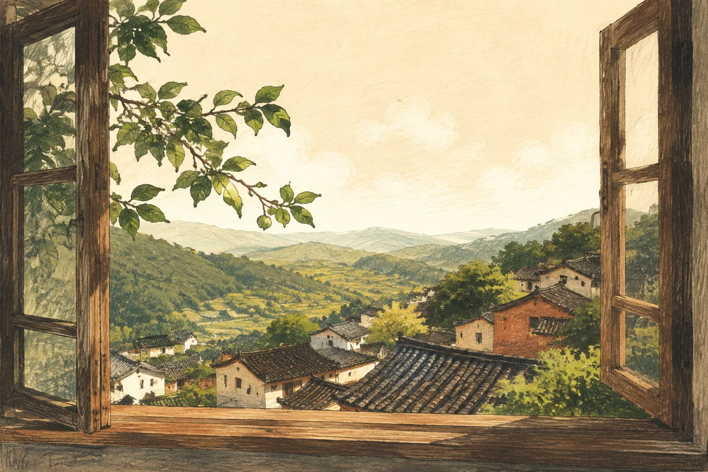 木窗外，群山与瓦屋铺展在浅色天空下的手绘插画